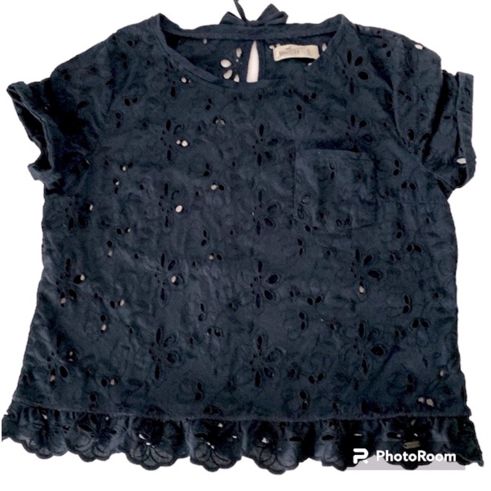 Hollister ladies eyelet top, navy blue ruffle bottom, size S